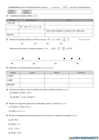 Control sobre los números decimales.