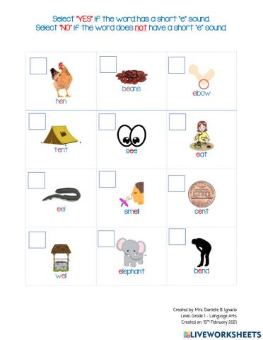 Short -e- Sound - Worksheet 2