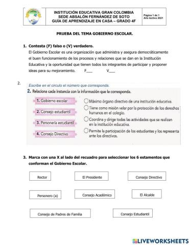 PRUEBA SOCIALES GOBIERNO ESCOLAR GRADO 4F