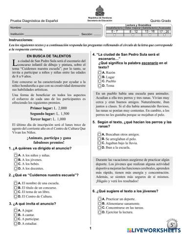 Prueba Diagnostica Español 5to grado
