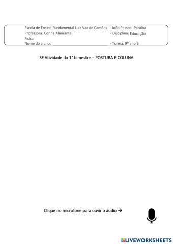 3ª Atividade do 1° bimestre – POSTURA E COLUNA 9° Ano