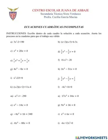 Ecuaciones cuadráticas incompletas