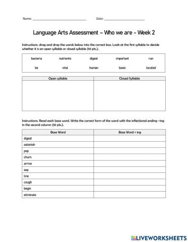 Language Arts Test - Who we are - Week 2