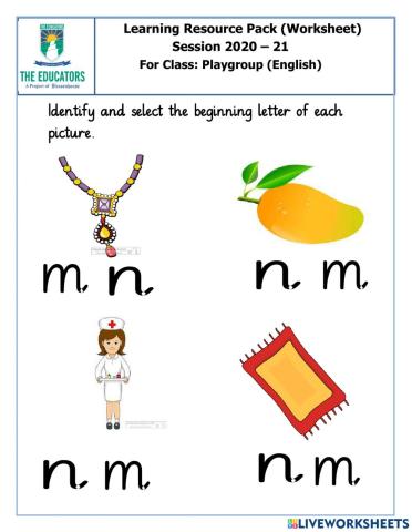 Identify and select the beginning letter of each picture.