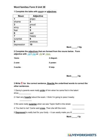 Word families Form 9 3E