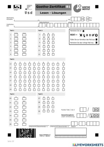 Antwortbogen ZD B1 Lesen