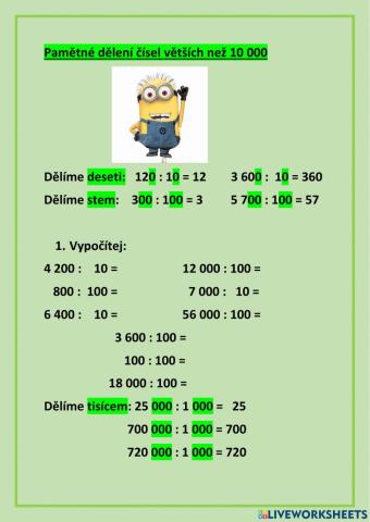 Pamětné dělení čísel větších než 10 000