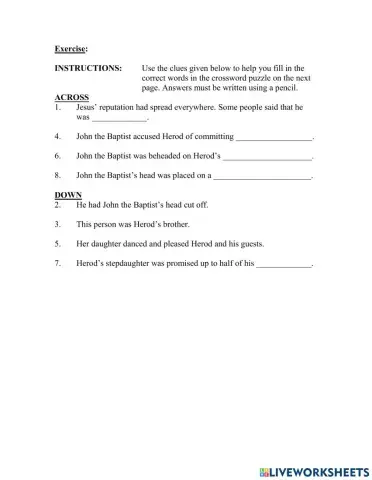 The Death of John The Baptist Crossword Puzzle