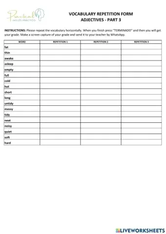 Vocabulary repetition form - adjectives - part 3
