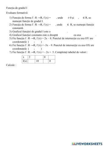 Funcția de gradul I. Evaluare formativă