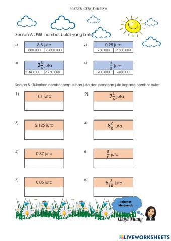 Penukaran nombor perpuluhan juta dan pecahan juta kepada nombor bulat