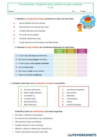 Ficha de Gramática-  Complemento oblíquo, predicativo do sujeito e modificador