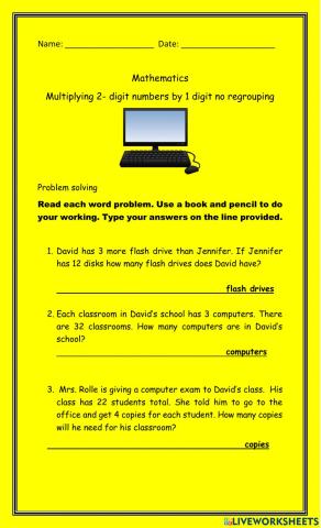 Multiplication 2 digit by 1 digit No Regrouping Word Problems