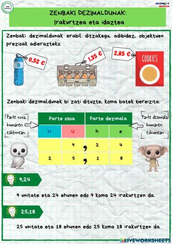 Zenbaki dezimaldunak irakurtzea eta idaztea