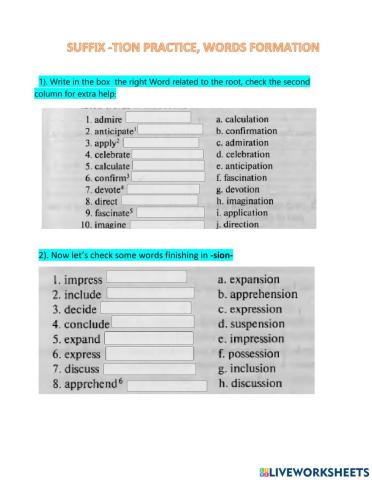 Tion suffix practice, words formation