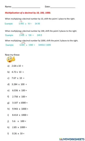 Multiplying Decimals by 10, 100, 1000