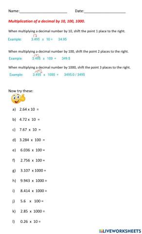 Multiplying Decimals by 10, 100, 1000