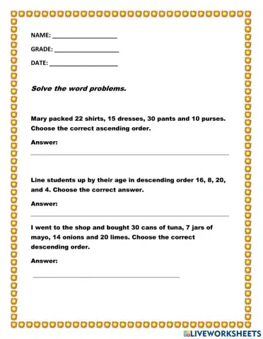 Ascending and Descending Word Problems