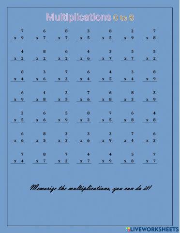 Multiplication tables 0 to 8