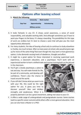 Options after leaving school
