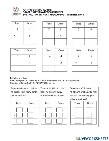 Subtraction without regrouping