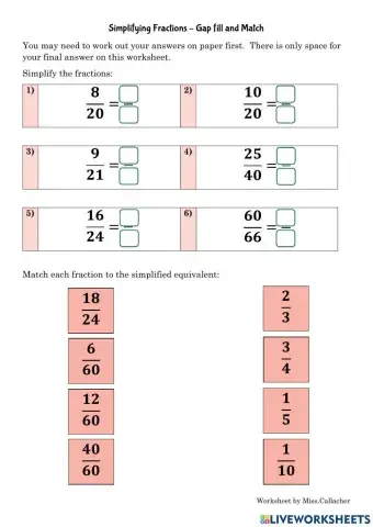 Simplifying Fractions Gap Fill and Match