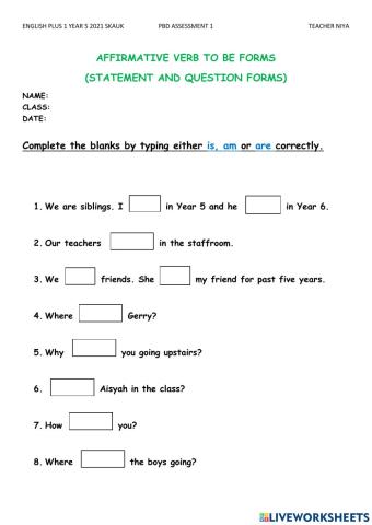 Affirmative verb to be forms