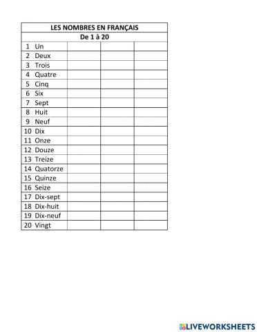 Les nombres de 1 a 20