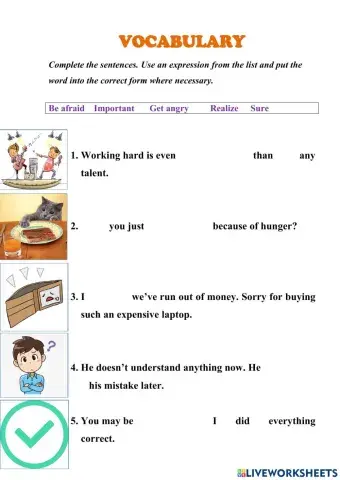Vocabulary be afraid, get angry, sure, realize, important