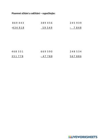 Písemné sčítání a odčítání-pětiminutovka 2