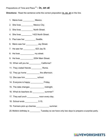 Prepositions of Time and Place In, On, At
