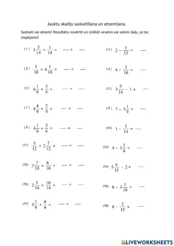 Jauktu skaitļu saskaitīšana un atņemšana