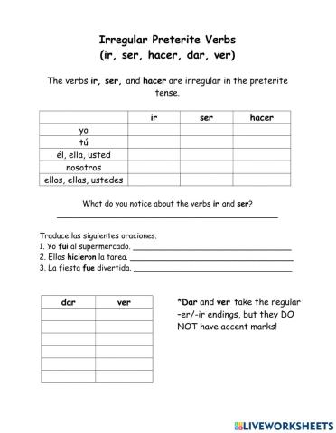 Ir Ser Hacer Dar Ver Preterite