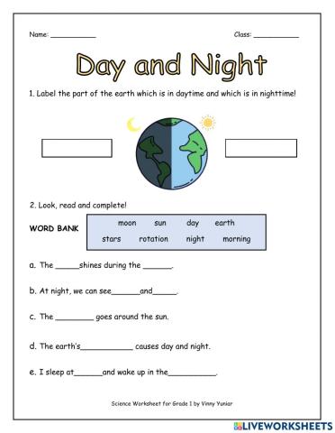 Day and Night Worksheet for Grade 1