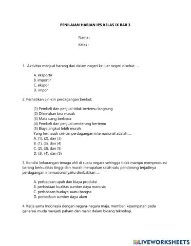Penilaian Harian IPS Bab 3 Kelas IX