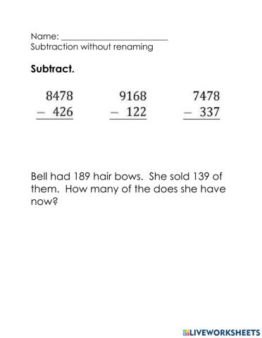 3 and 4 digit subtraction without renaming