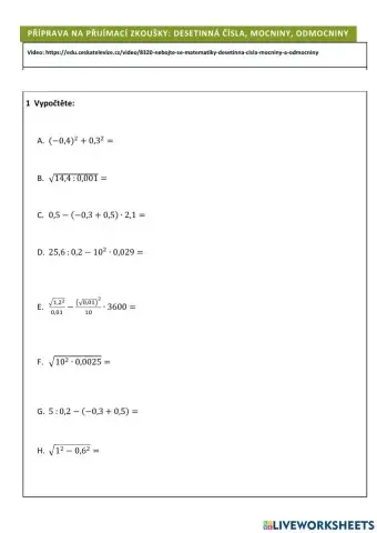 Příprava na přijímací zkoušky - mocniny, odmocniny, desetinná čísla