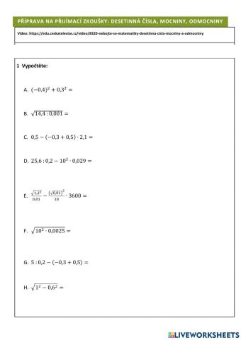 Příprava na přijímací zkoušky - mocniny, odmocniny, desetinná čísla