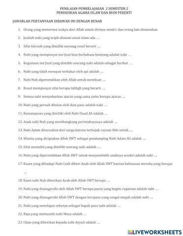 ULANGAN HARIAN PAI PELAJARAN 2 SEMESTER II KLS V