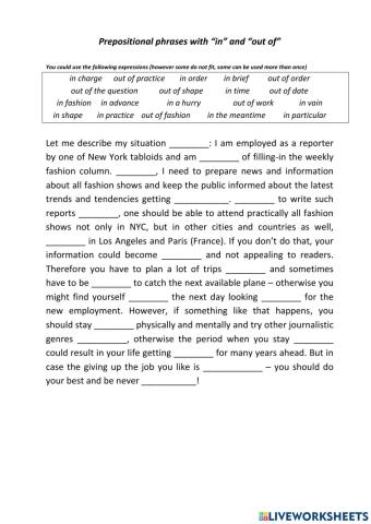 Prepositional phrases with “in” and “out of”