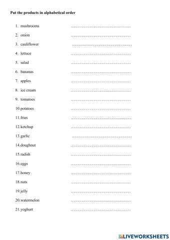 Food - alphabetical order