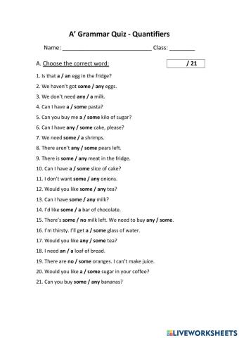 A' Grammar Quiz Quantifiers