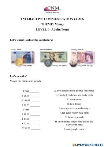 Money - L1 - Adults and Teens - Vocabulary Activity