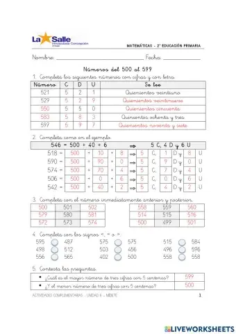 Ficha 1-Números del 500 al 599-Unidad6-MA2ep