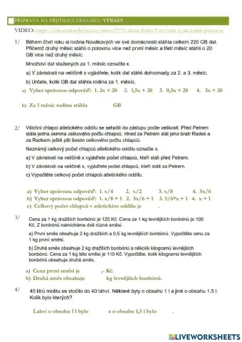 Příprava na přijímací zkoušky - výrazy, slovní úlohy