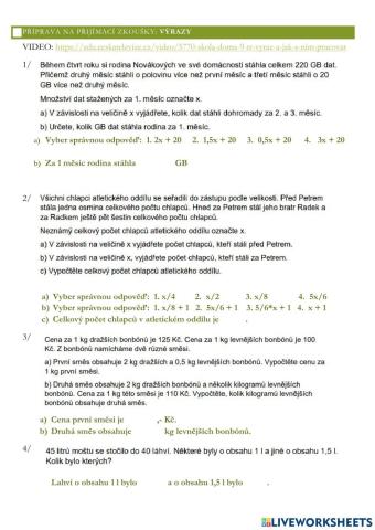 Příprava na přijímací zkoušky - výrazy, slovní úlohy