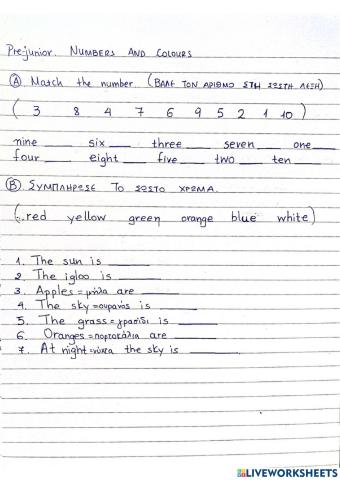 PRE-JUNIOR TEST NUMBERS-COLOURS