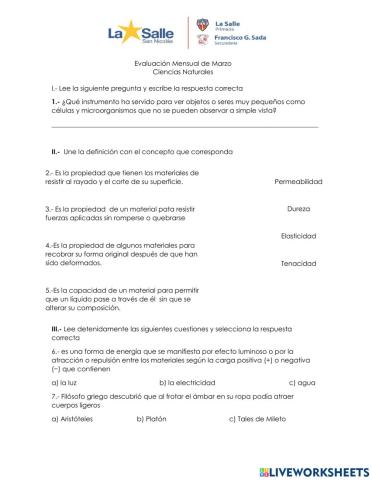 Evaluación mensual Ciencias Naturales