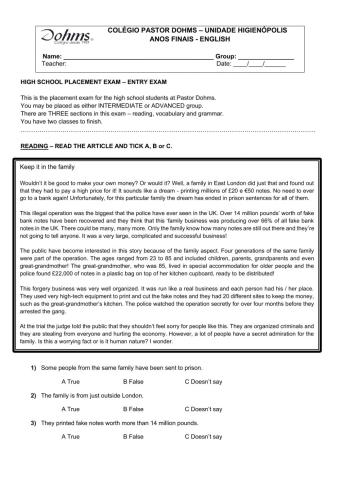 ENTRY EXAM - HIGH SCHOOL - PLACEMENT TEST FOR 9TH GRADERS
