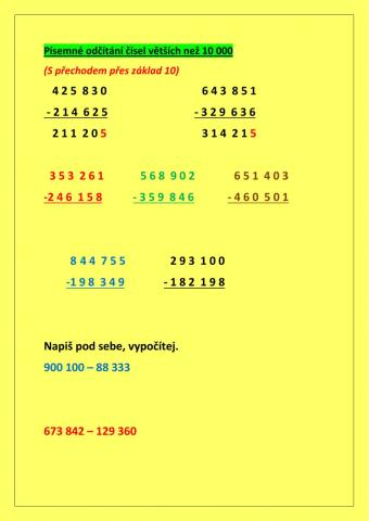 Písemné odčítání čísel větších než 10 000